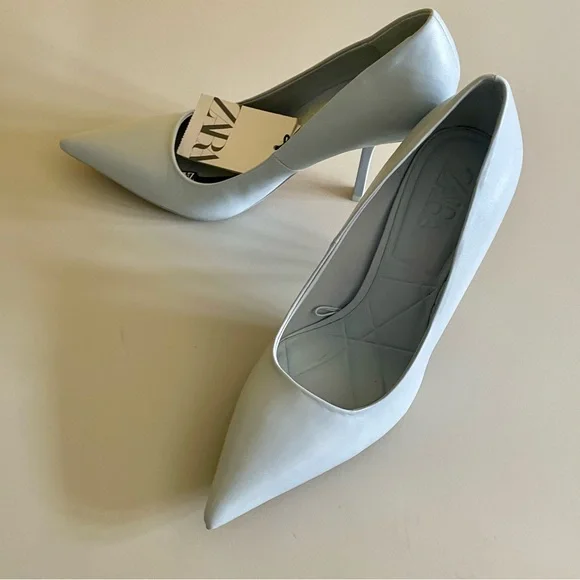 🩵 ZARA LEATHER HEELS POINTED TOE BLUE 🩵 - Picture 3 of 7